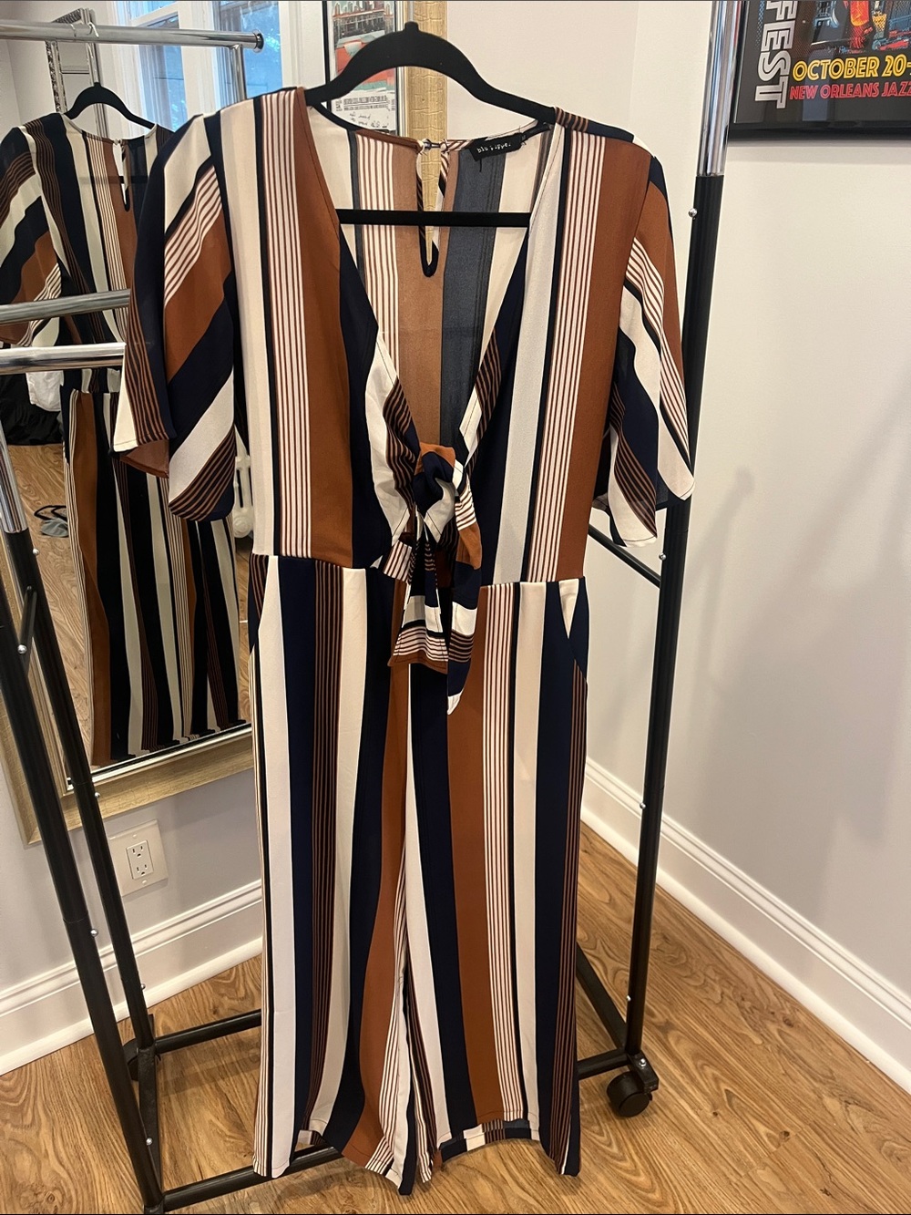 Striped Tie-Front Jumpsuit - Brown Navy White